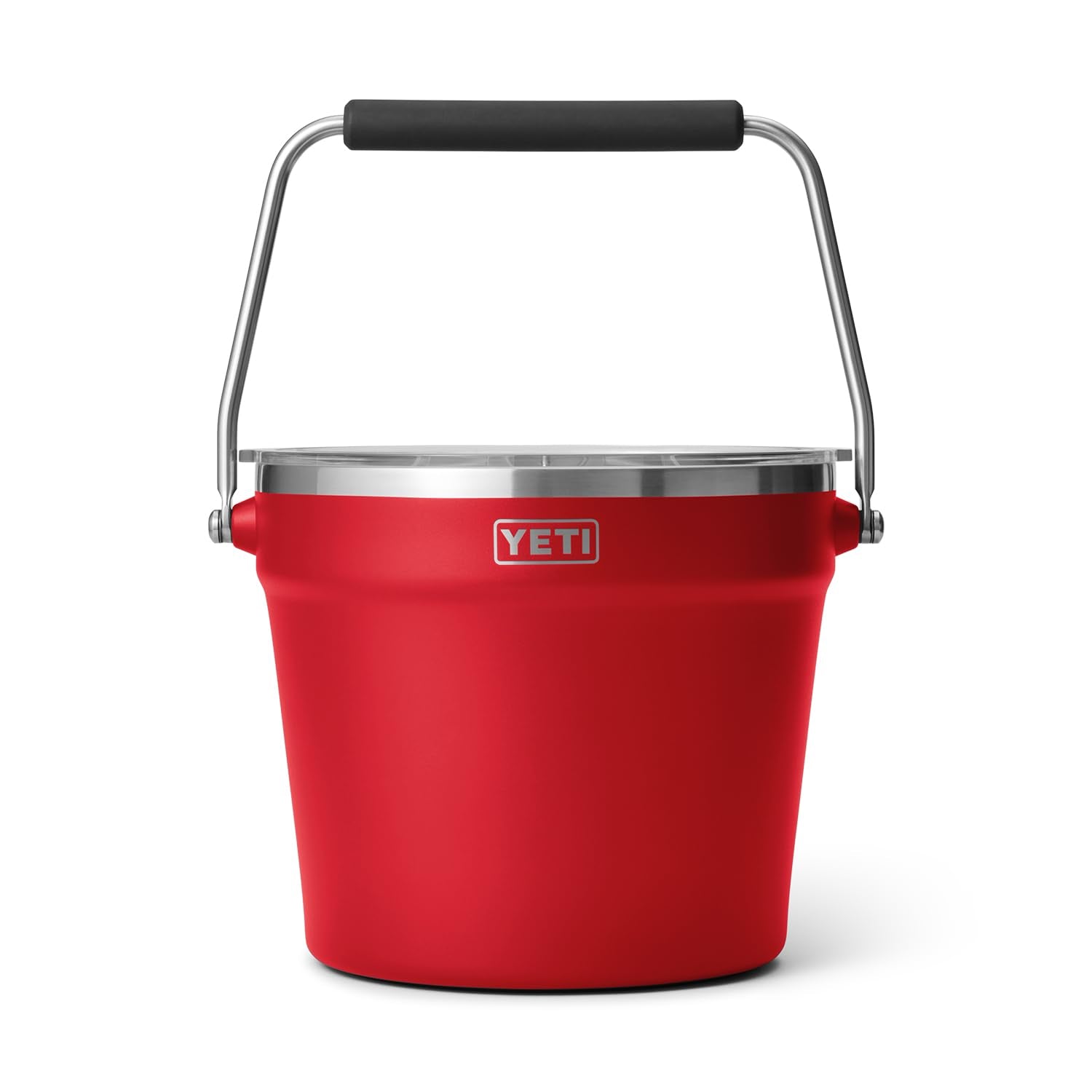 YETI Rambler Beverage Bucket with ice-filled interior keeps drinks cold for outdoor gatherings.