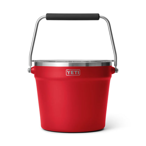 YETI Rambler Beverage Bucket with ice-filled interior keeps drinks cold for outdoor gatherings.