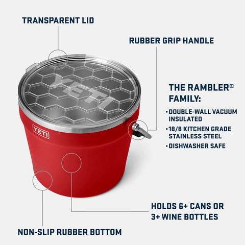 YETI Rambler Beverage Bucket with lid off highlights stackable design for compact storage.