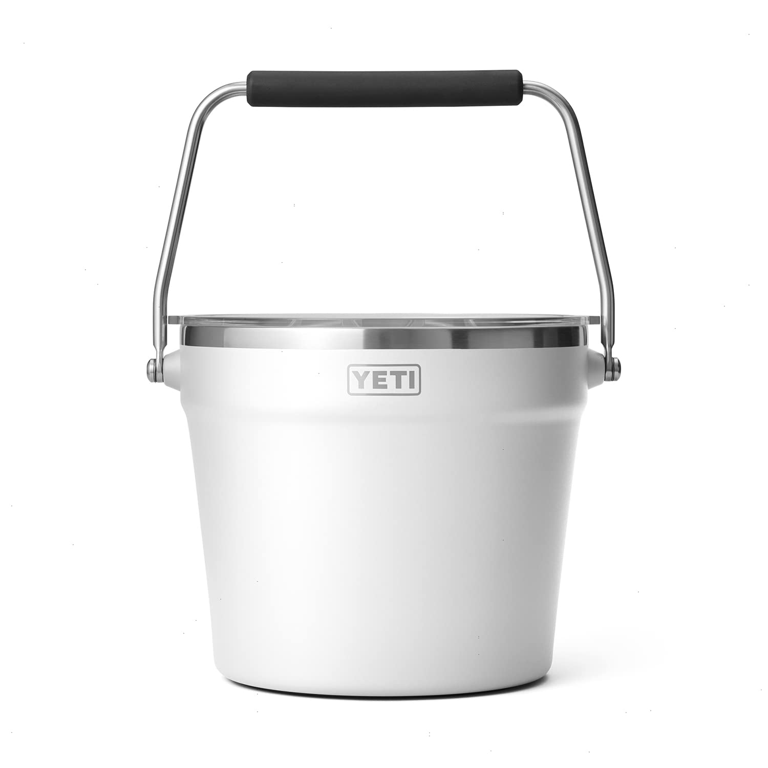 YETI Rambler Beverage Bucket with lid on keeps beverages cold for outdoor gatherings.