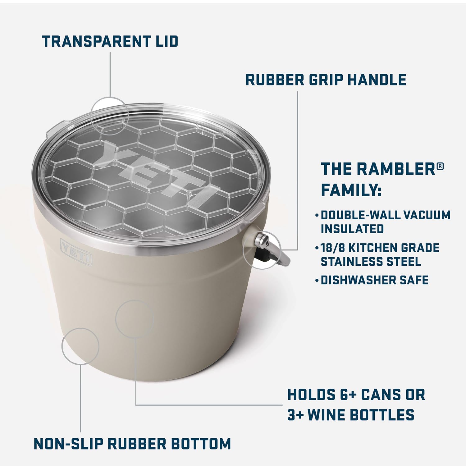 YETI Rambler Beverage Bucket shows six-pack capacity for beverages.