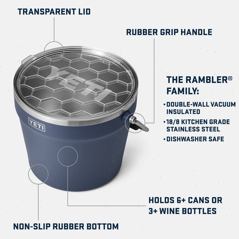 YETI Rambler Beverage Bucket holds a six-pack for easy transport.