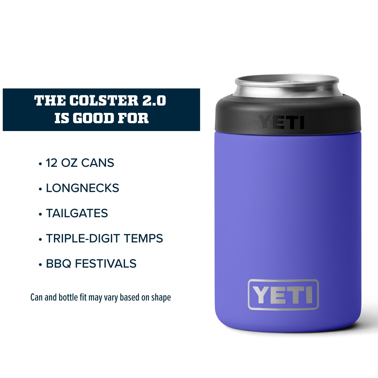 YETI Rambler Colster 12oz Ultramarine Violet gasket detail emphasizes secure Load-and-Lock seal for leaks.