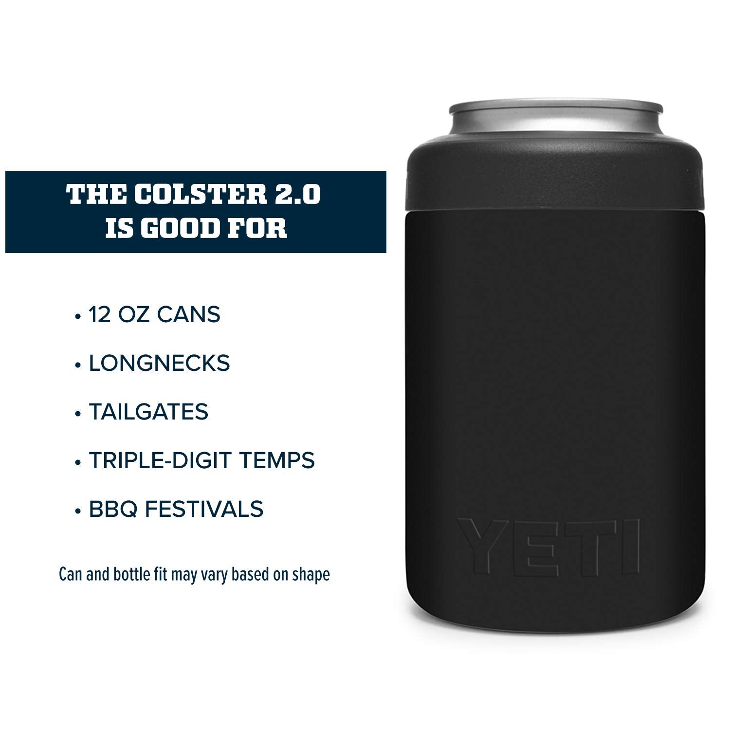 YETI Rambler Colster Black features double-wall vacuum insulation for long-lasting cooling.