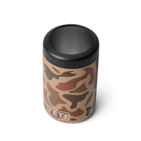 YETI Rambler Colster Wetlands Camo closeup showing double-wall insulation for cold drinks