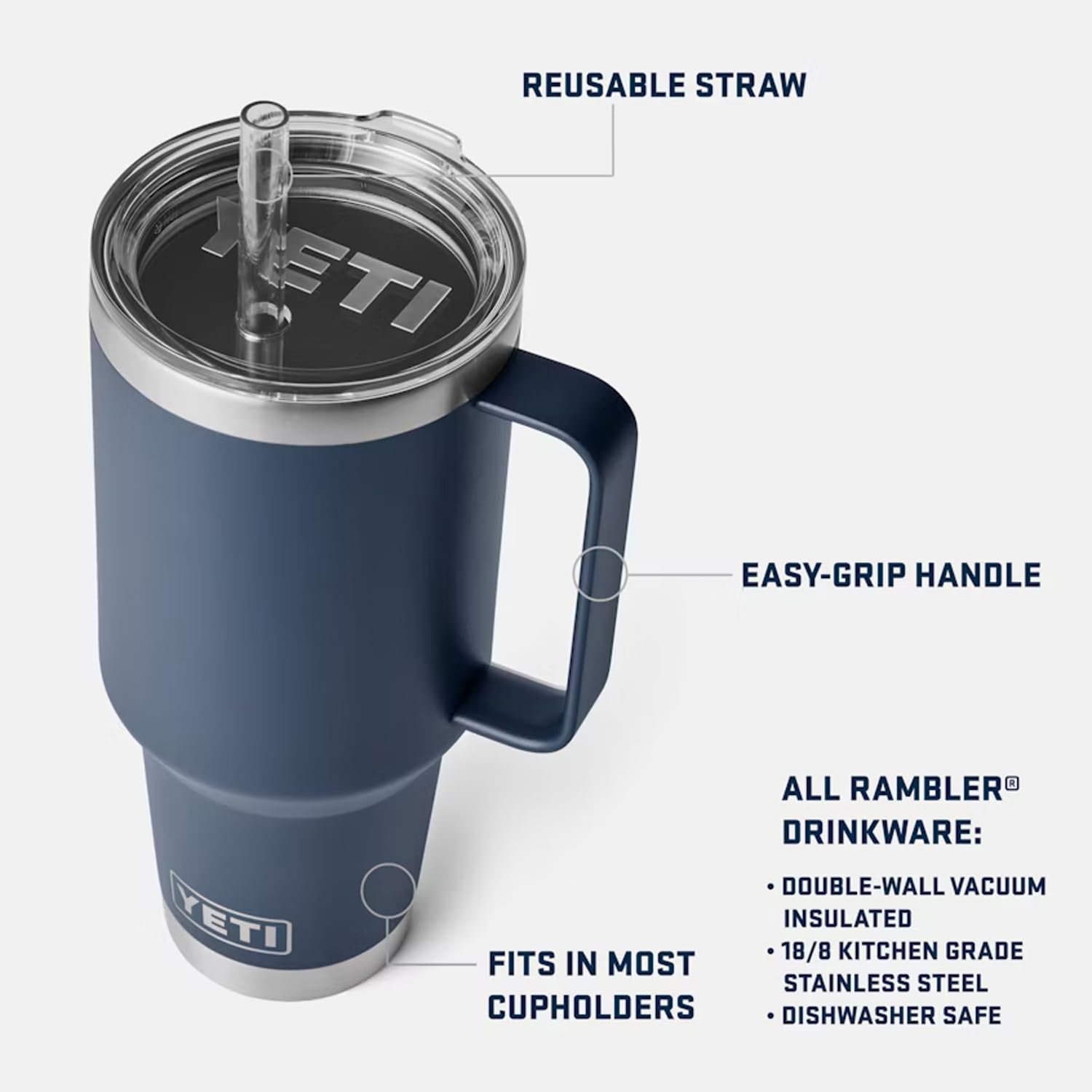 YETI Rambler 42 oz with double-wall vacuum keeps beverages cold to the last drop.