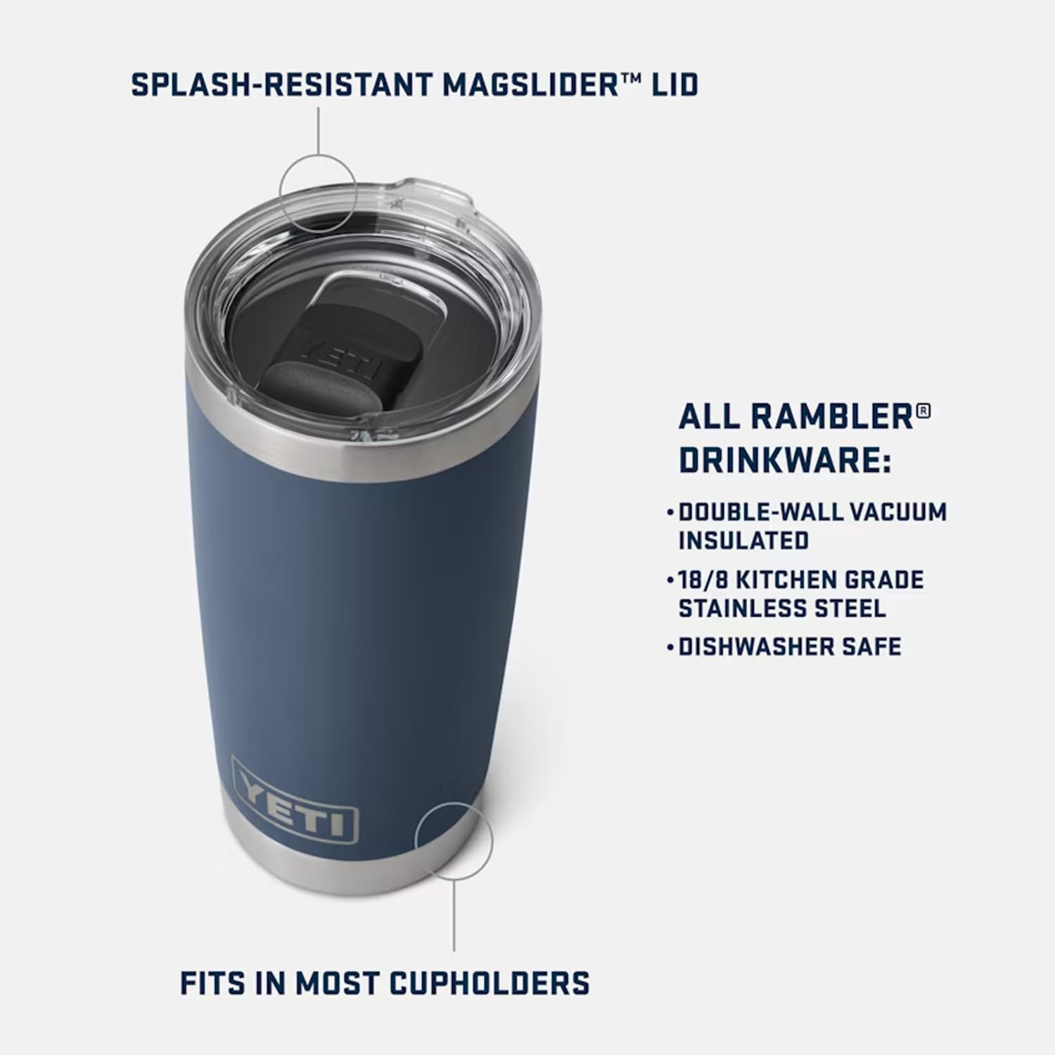 YETI Rambler MagSlider lid shown for secure magnetic seal and spill prevention.