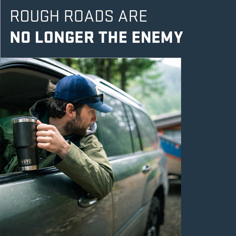 Road-ready YETI Rambler on a pothole-filled journey demonstrating rugged performance.