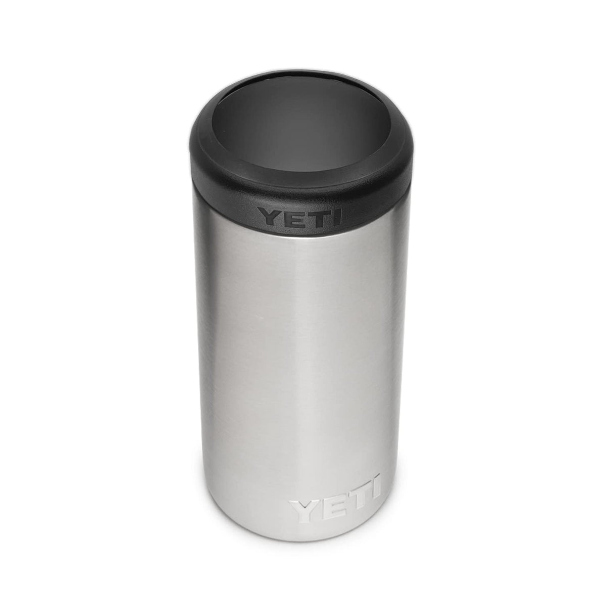 The YETI Rambler Slim Colster with stainless body keeps 12 oz slim cans cold for beach days.