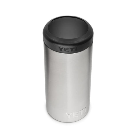 The YETI Rambler Slim Colster with stainless body keeps 12 oz slim cans cold for beach days.