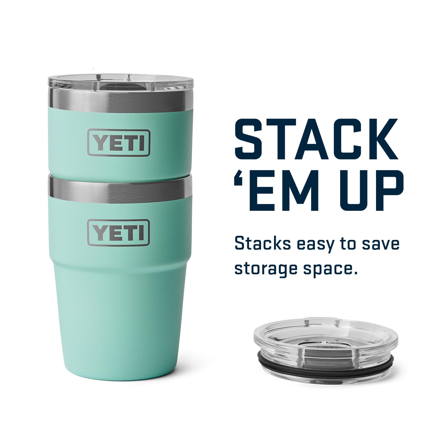 YETI Rambler stackable design with lids removed for compact storage.