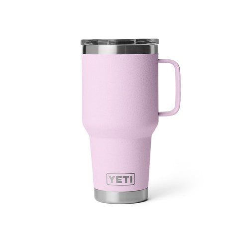 YETI Rambler travel mug with cup-holder compatibility supports car rides and trails.
