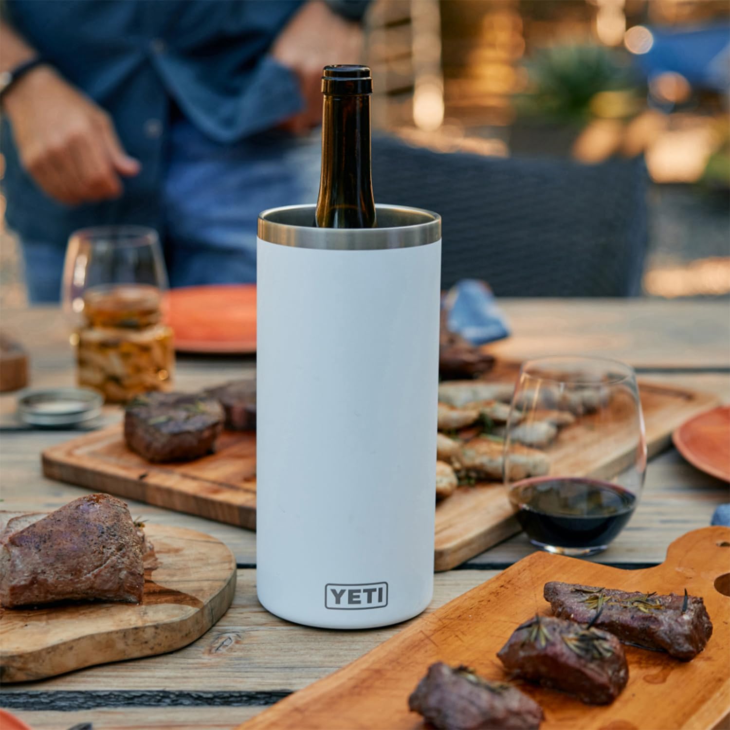 YETI Rambler Wine Chiller bearfoot non-slip ring keeps bottles steady.