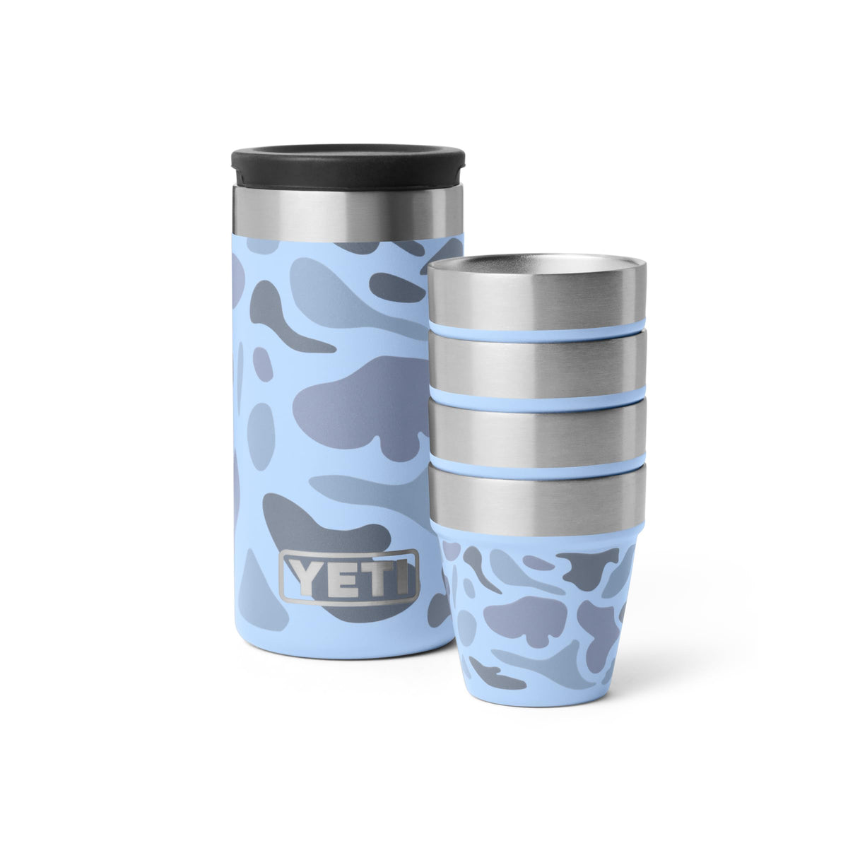YETI Shot Glasses in blue camo with carrying case closed for travel-ready storage.