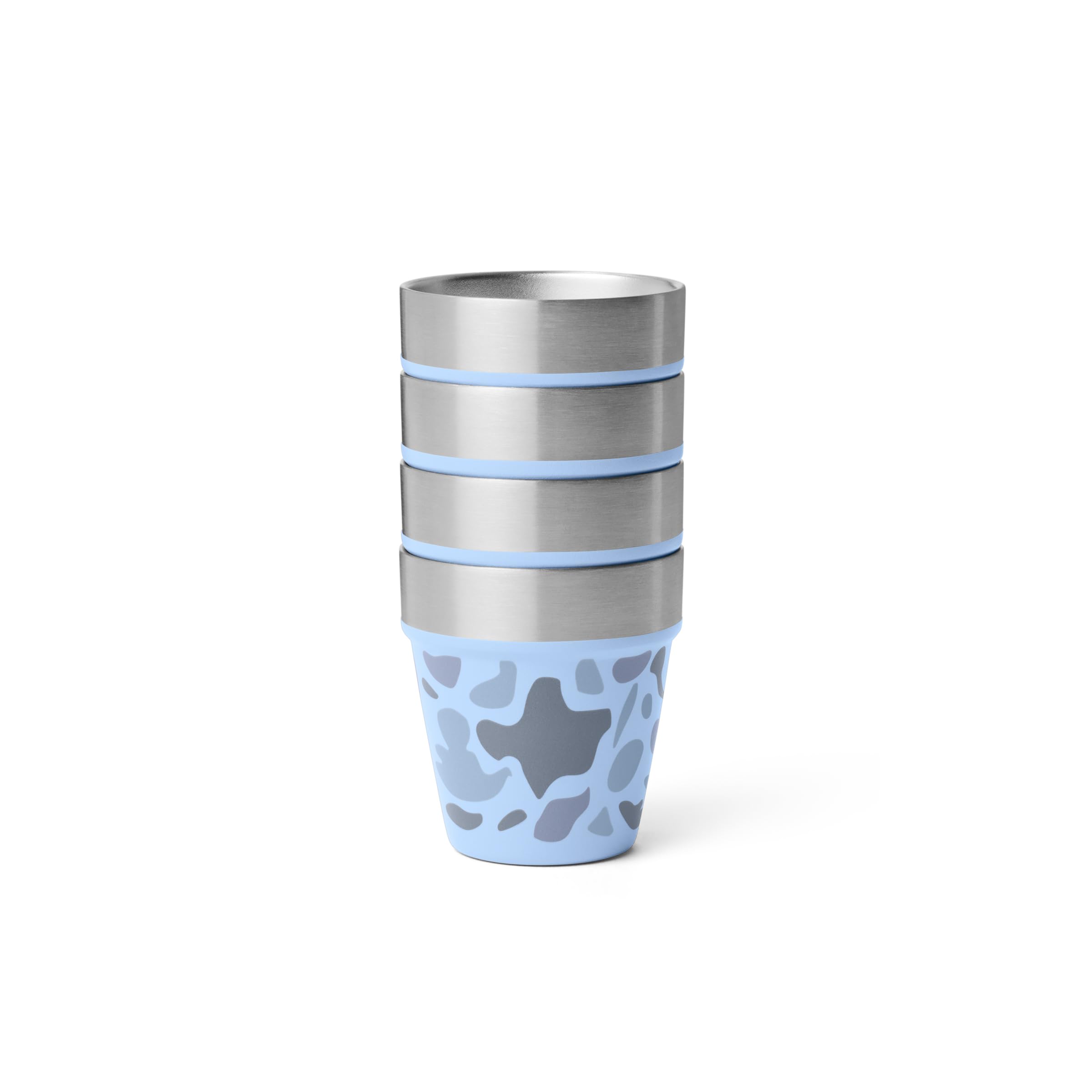 YETI Shot Glasses blue camo set in case, ideal for camping.