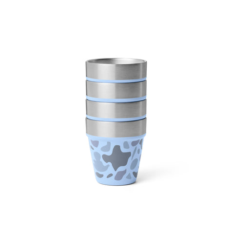 YETI Shot Glasses blue camo set in case, ideal for camping.