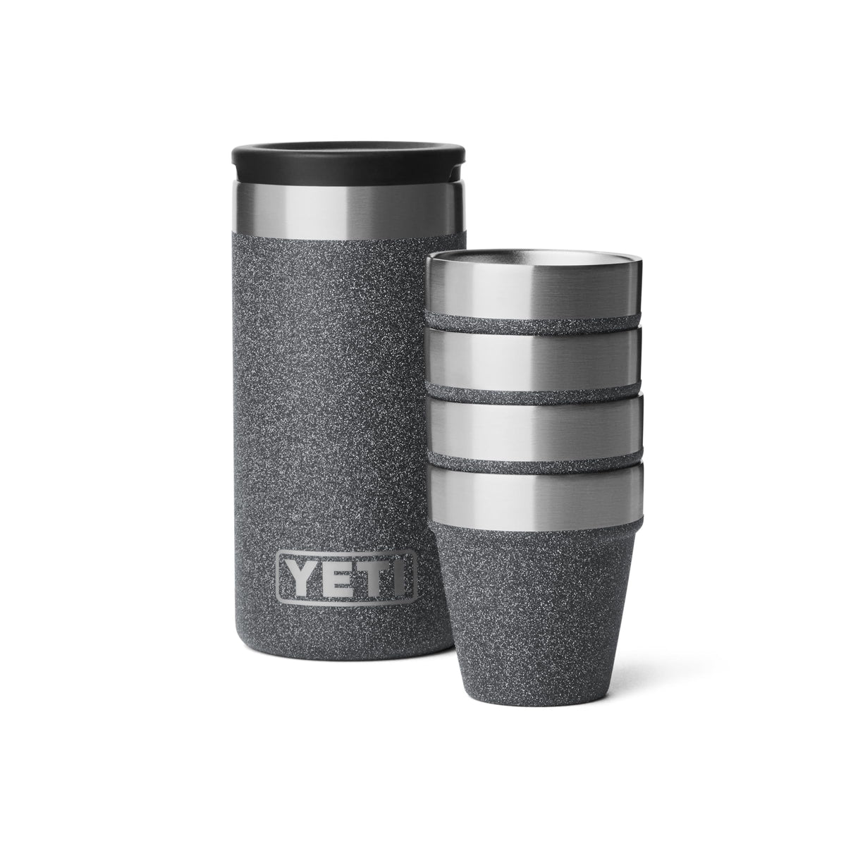 YETI shot glasses with carrying case in Black Stone finish for rugged outdoor use