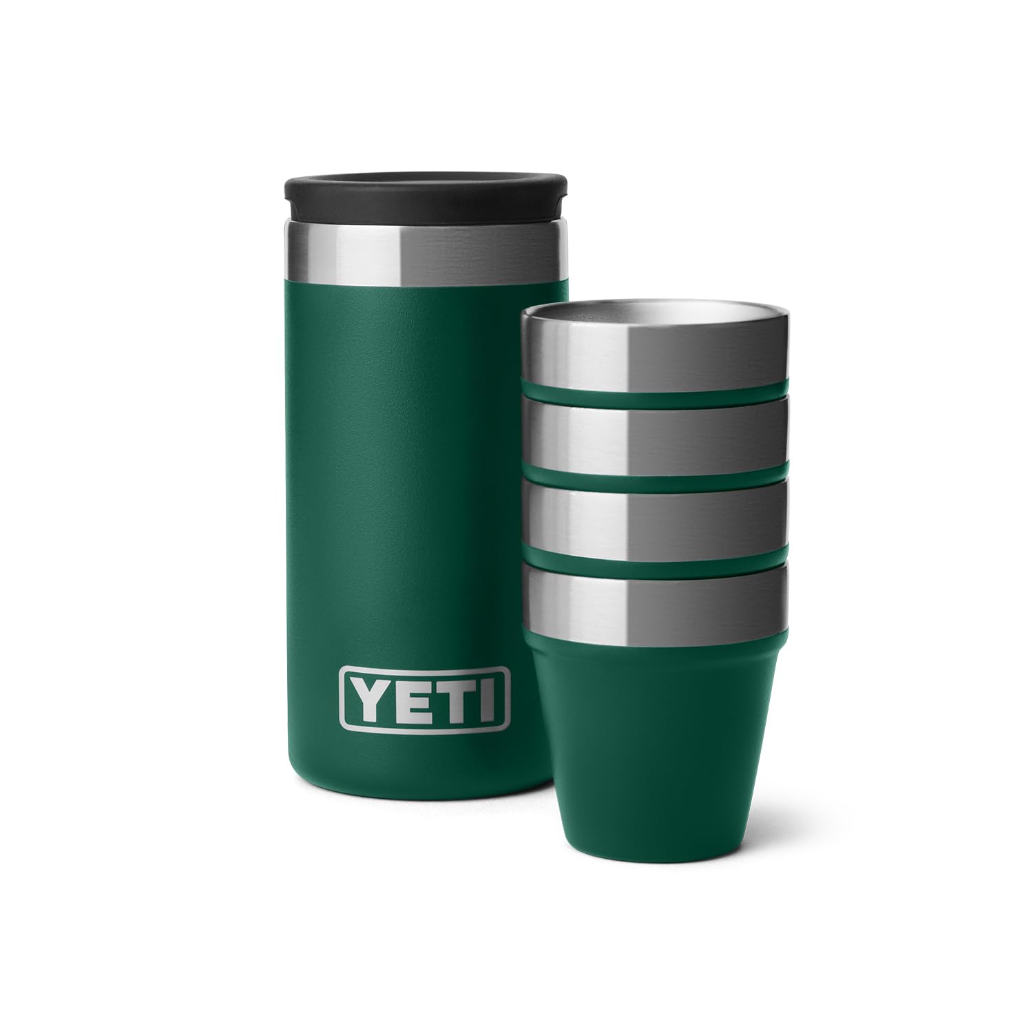 YETI shot glasses with carrying case set of four in black forest green, portable.