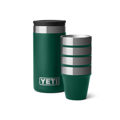 YETI shot glasses with carrying case set of four in black forest green, portable.
