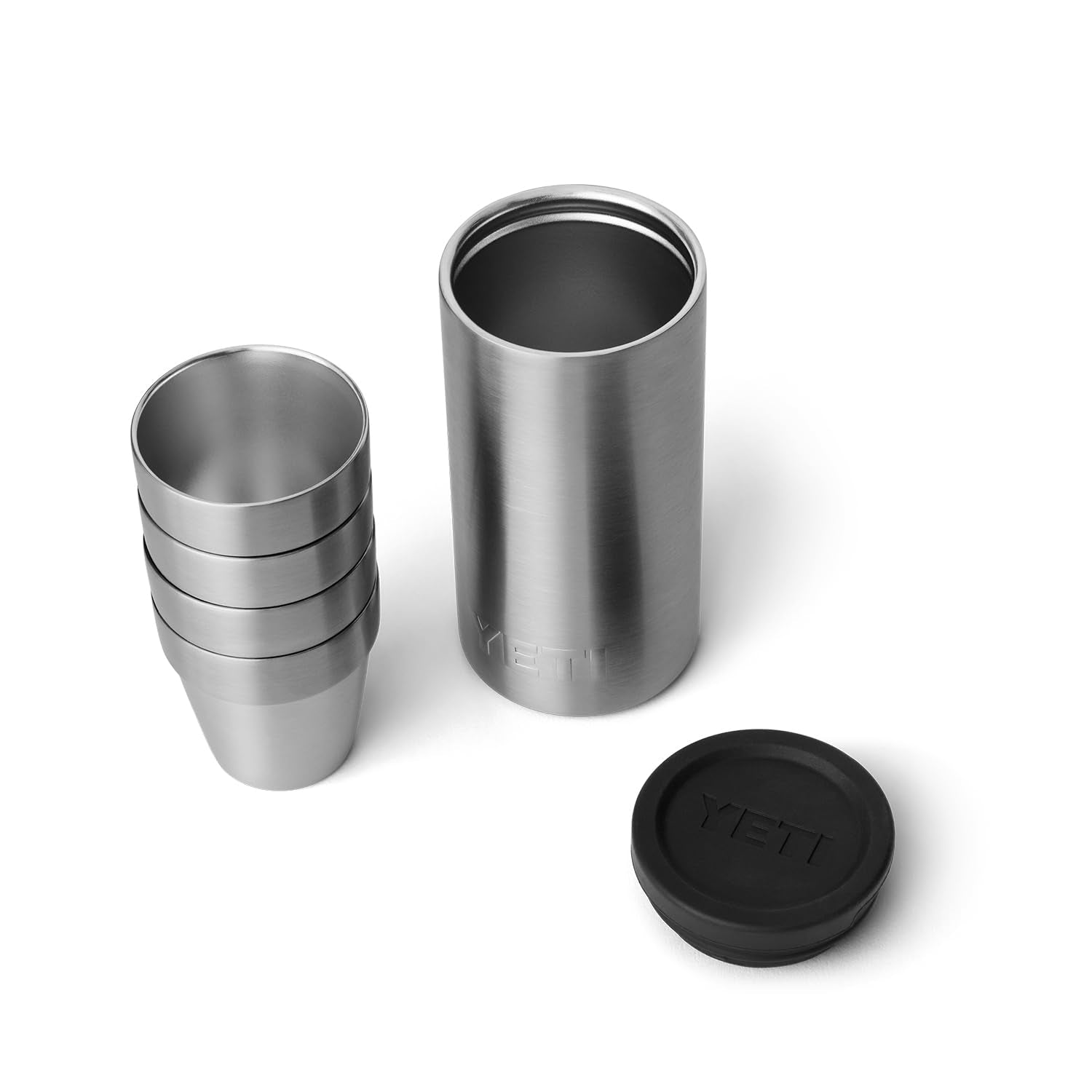 YETI shot glasses with carrying case organized for travel and camping.