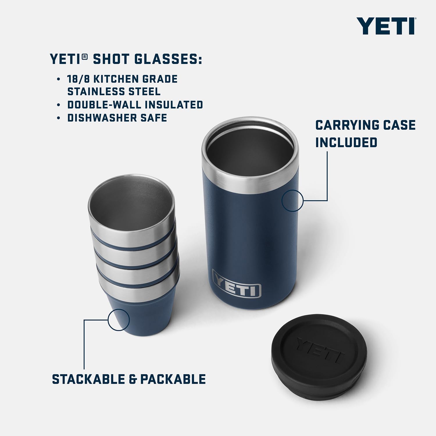 YETI shot glasses stacked inside the carrying case for compact transport.