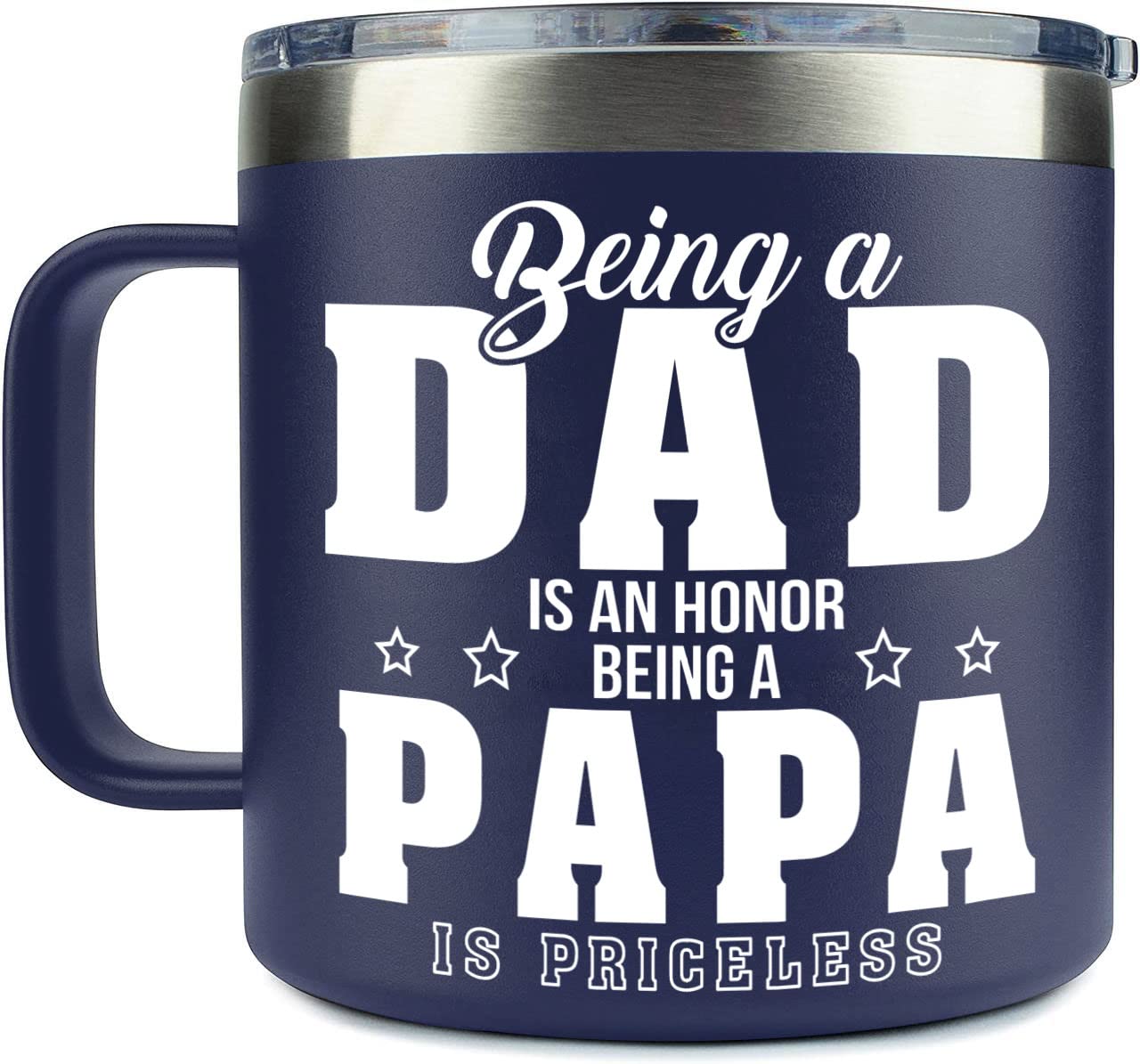 YETIFY Papa Mug with navy lid and easy-grip handle for spill-free travel.