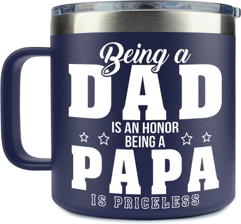 YETIFY Papa Mug with navy lid and easy-grip handle for spill-free travel.