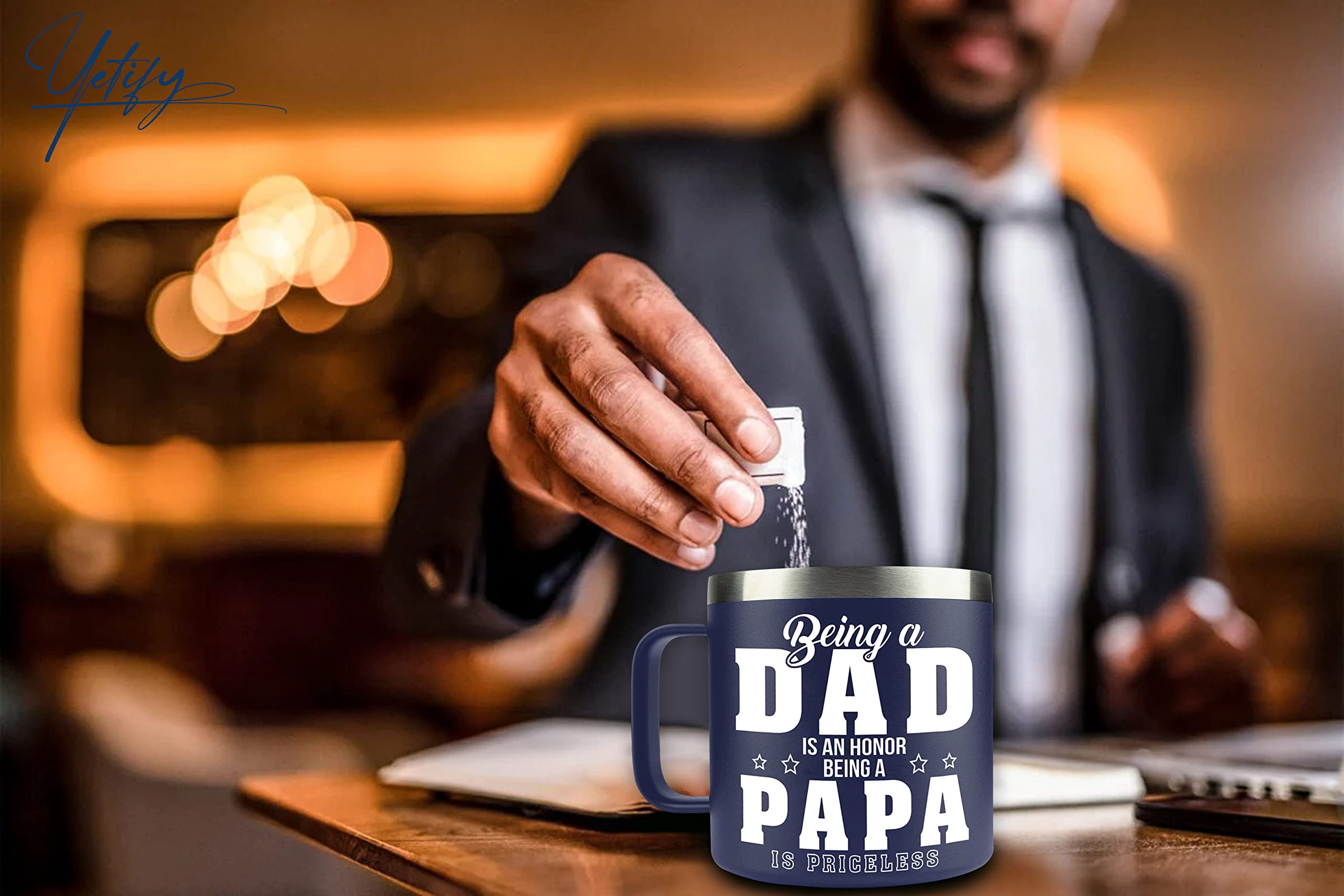 YETIFY Papa Mug insulation keeps drinks warm during commutes.