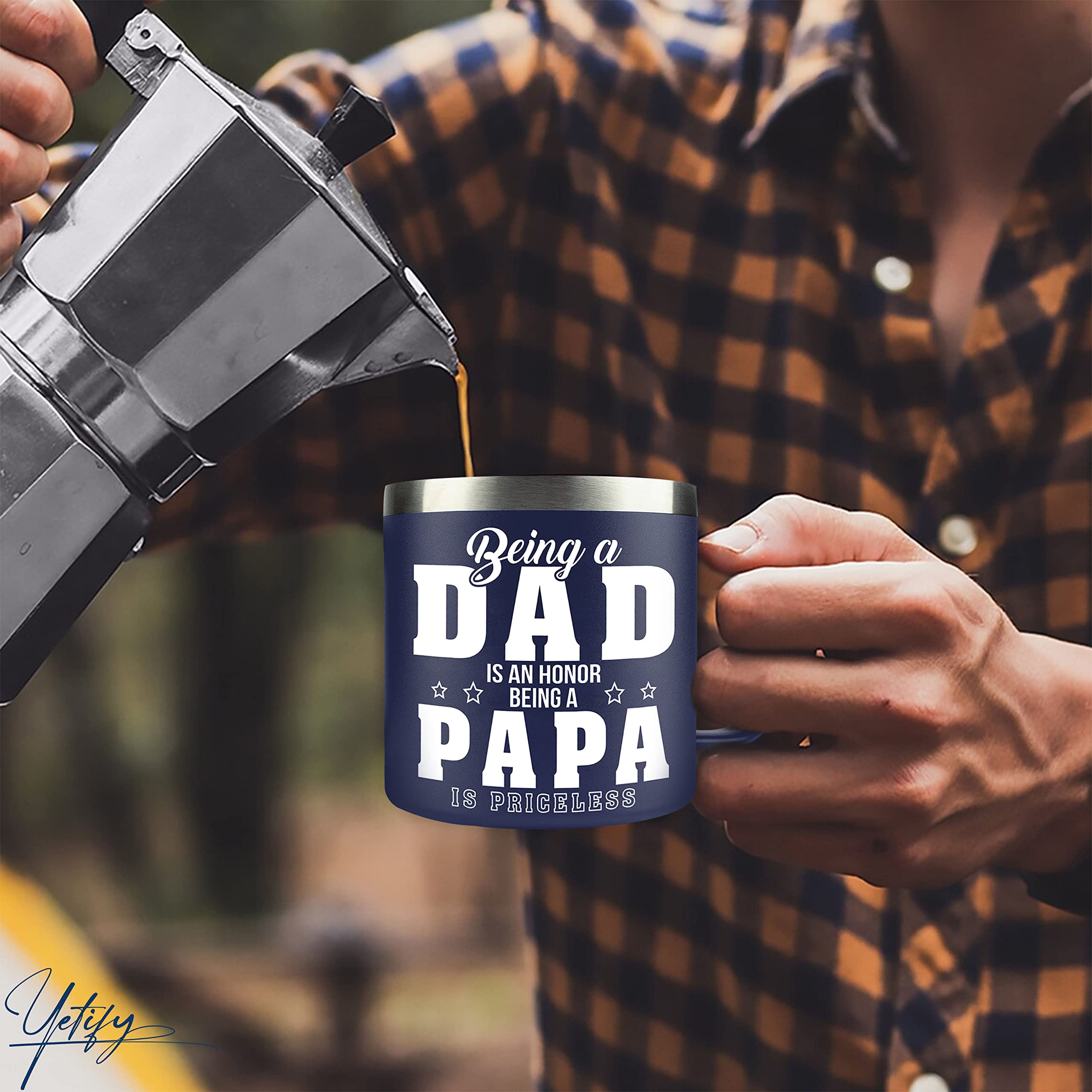 YETIFY Papa Mug outdoors during adventure, ideal for coffee on hikes.