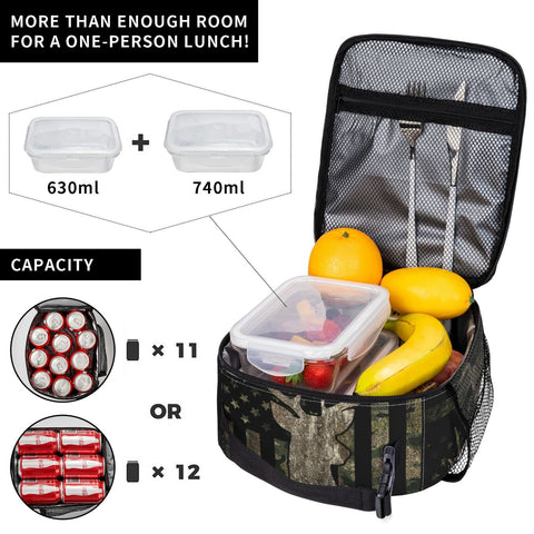 YETTA YANG camouflage lunch bag detachable strap enables backpack attachment.