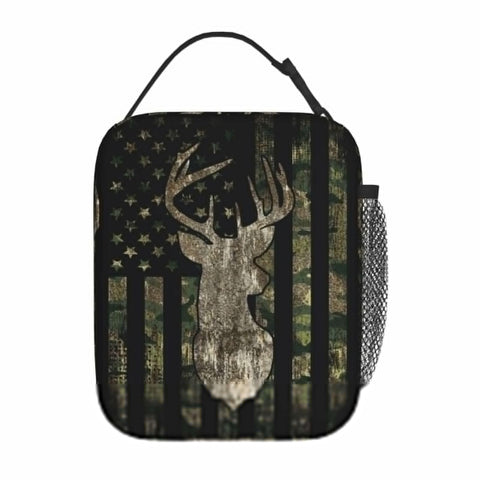 YETTA YANG camouflage lunch bag front view, portable and easy to carry during commutes.