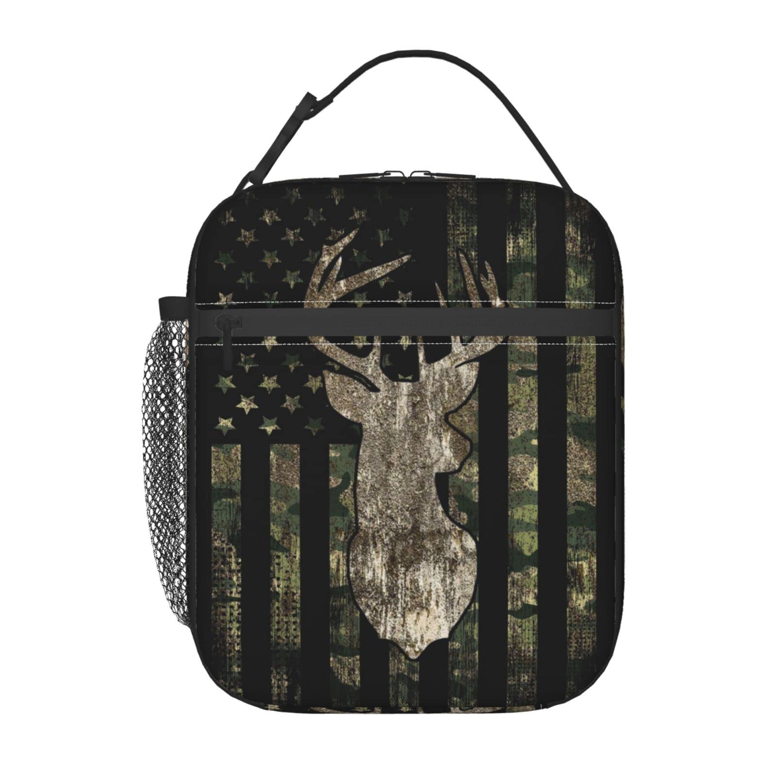 YETTA YANG camouflage lunch bag interior compartments for utensils and drinks.