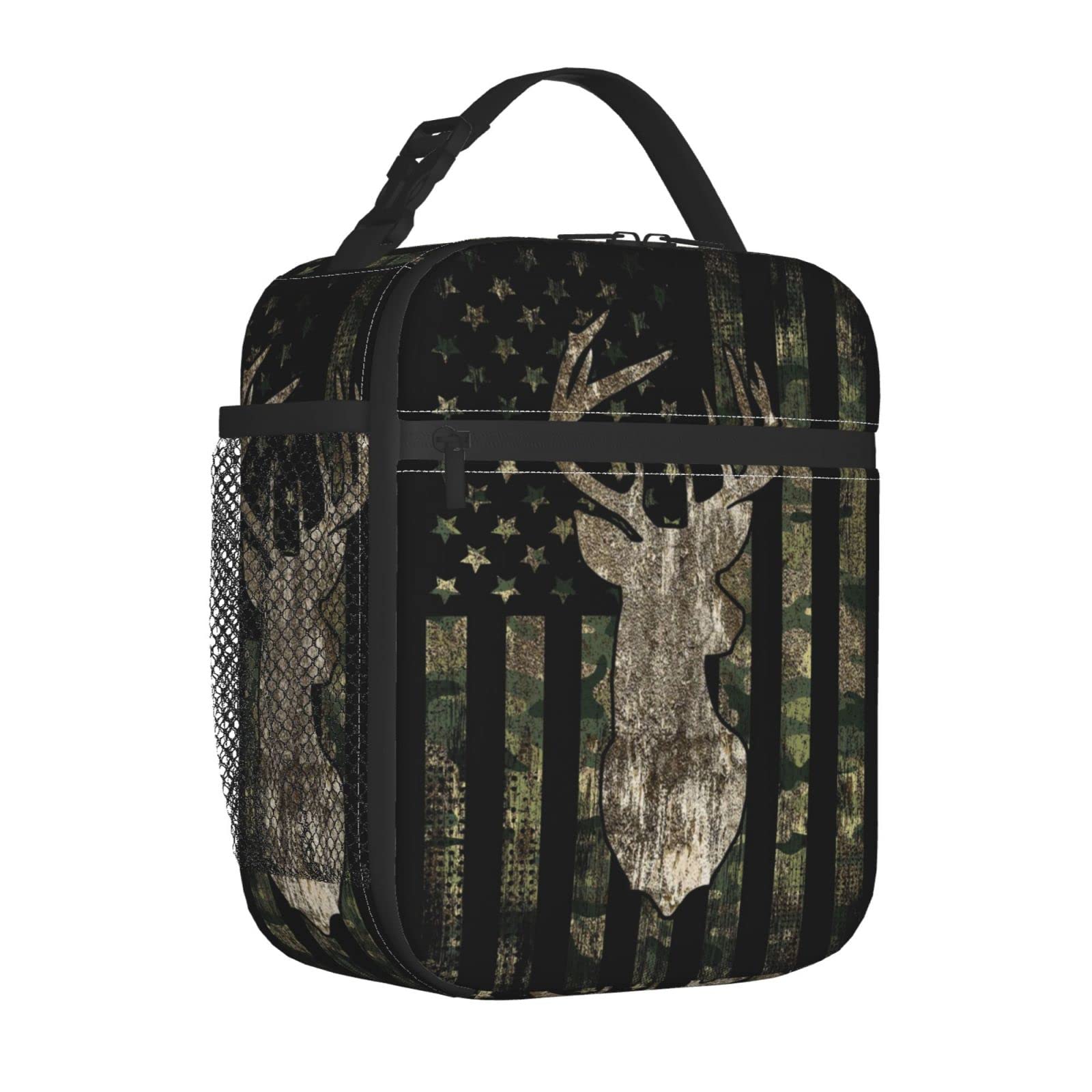 YETTA YANG camouflage lunch bag side pocket keeps drinks within reach.