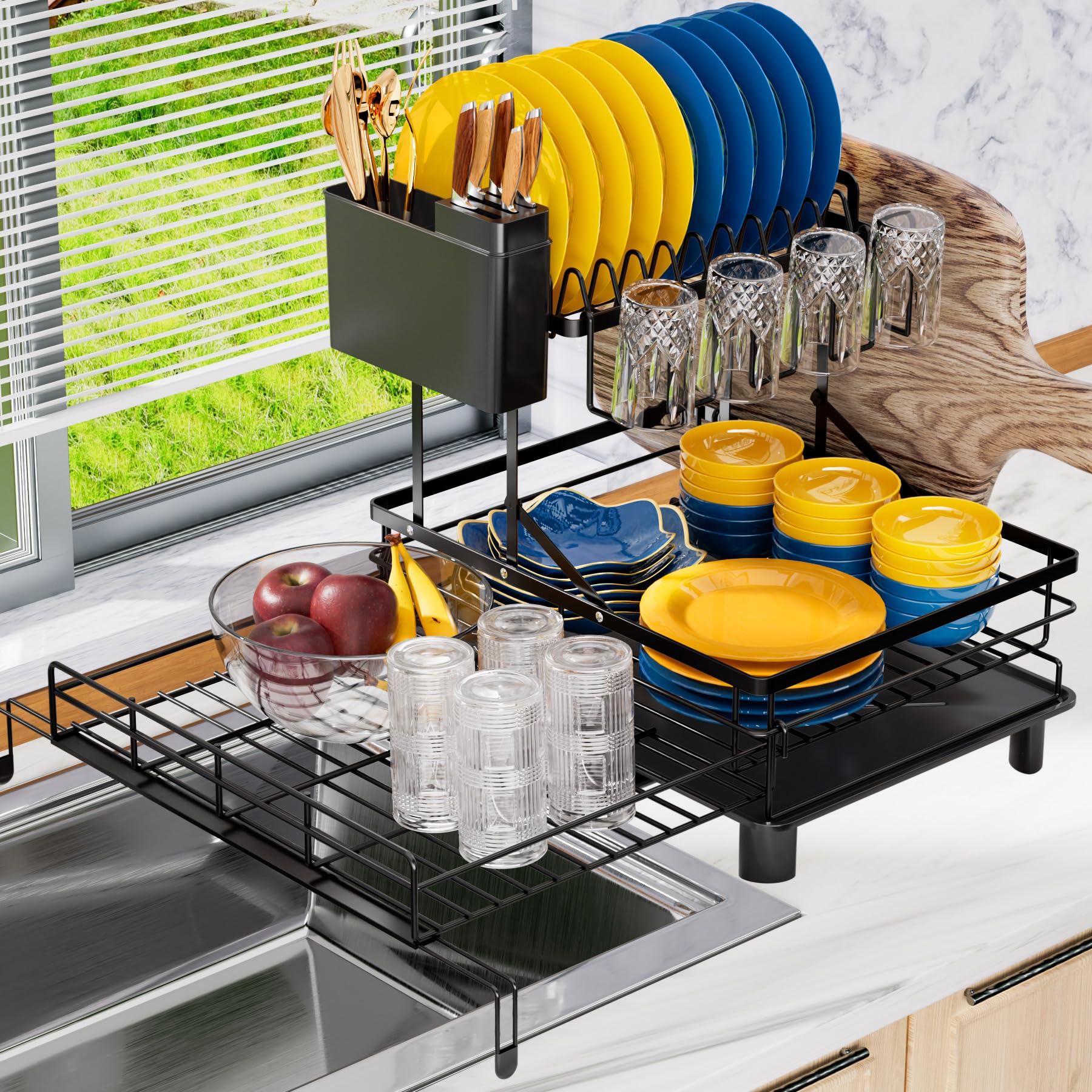 YEYPOP 2-tier dish drying rack extended for larger countertop, maximizing space.