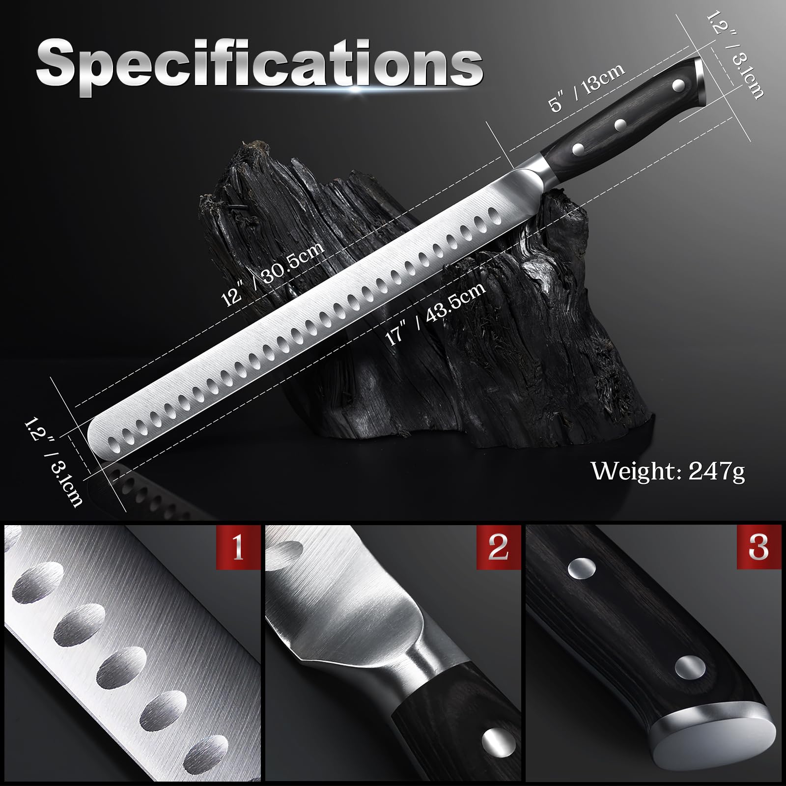 YFWOOD 12-inch blade extended view for efficient large-meat slicing