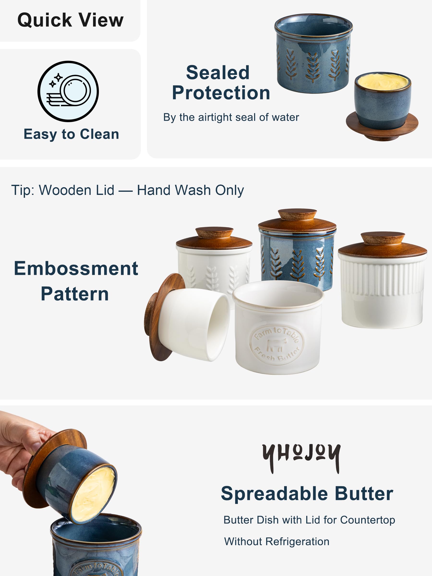 YHOJOY blue butter keeper side view shows embossed texture and wooden lid.