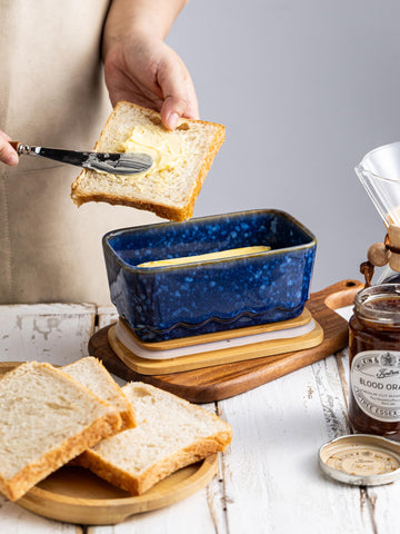 YHOJOY blue butter dish featuring wave design blends with modern kitchens