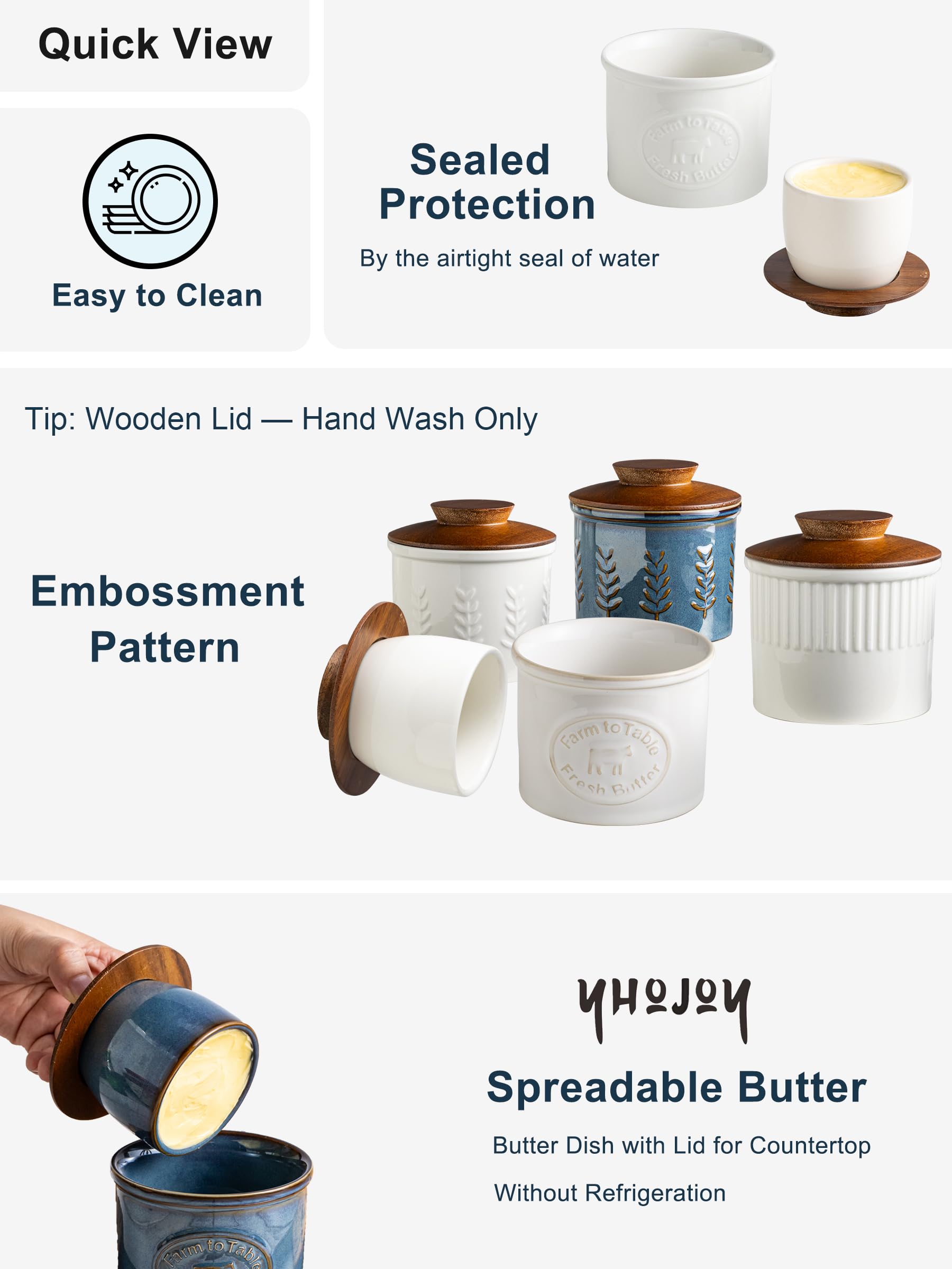 YHOJOY ceramic butter crock base preserves freshness with a secure water seal.
