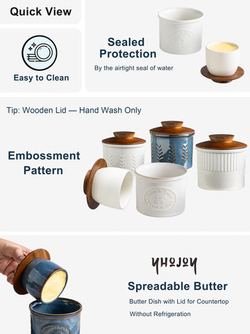 YHOJOY ceramic butter crock base preserves freshness with a secure water seal.