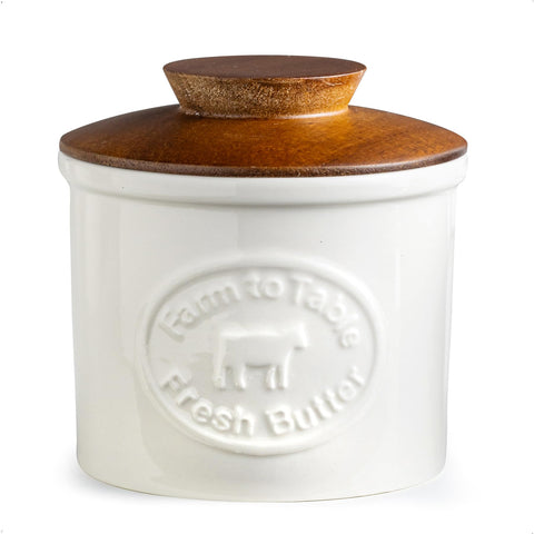 YHOJOY butter crock with wooden lid keeps butter ready on the counter.