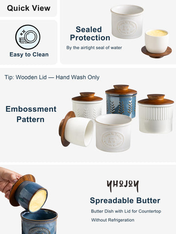 YHOJOY butter dish lid close-up with wooden lid and natural seal preserves freshness.