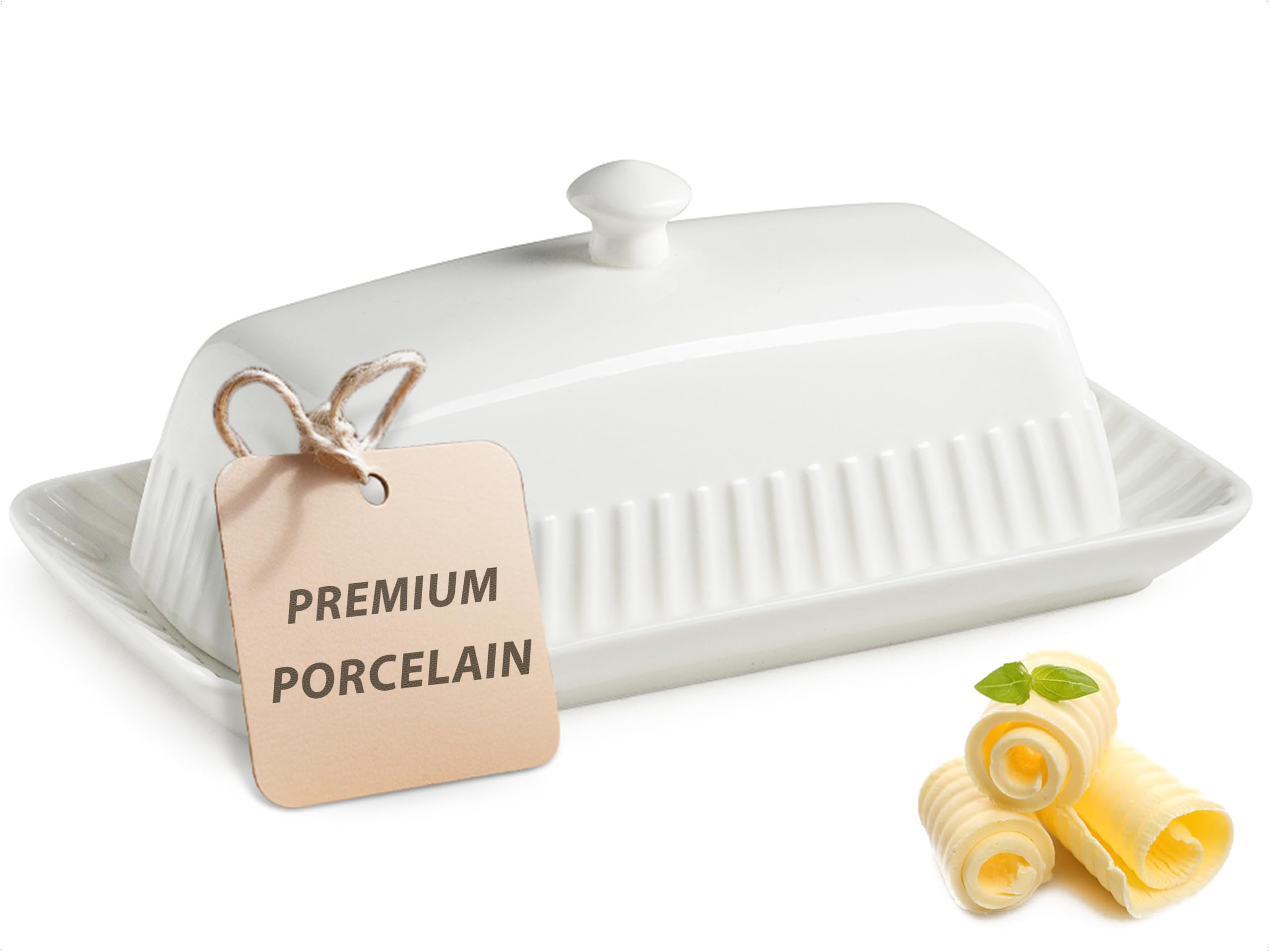 YHOJOY butter dish with striped lid on countertop keeps butter fresh.