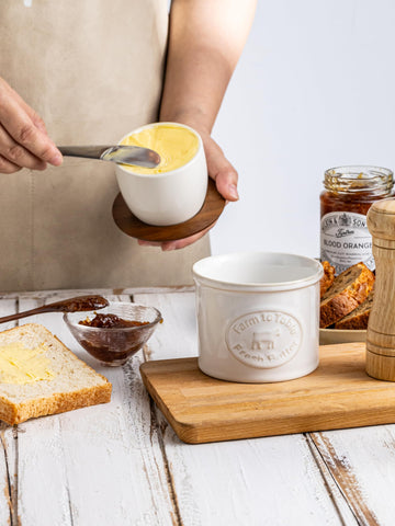 YHOJOY butter dish shown with toast, highlighting spreadable butter for quick breakfasts.