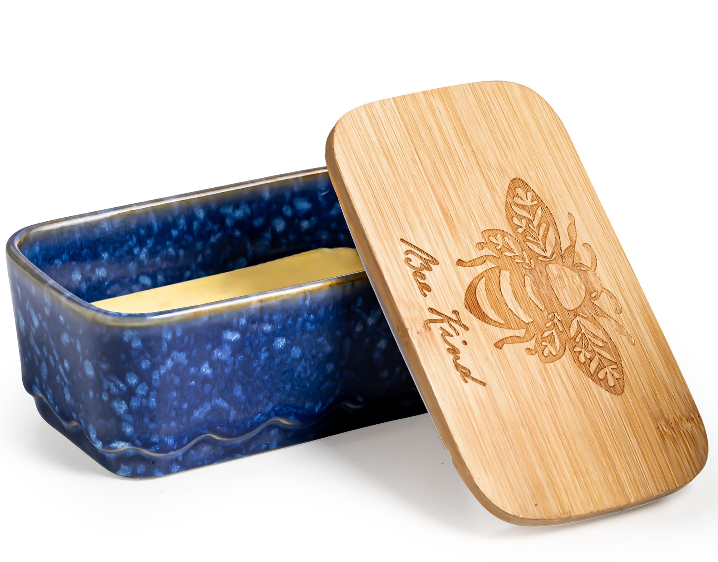 YHOJOY ceramic butter dish with blue lid keeps butter fresh on the counter