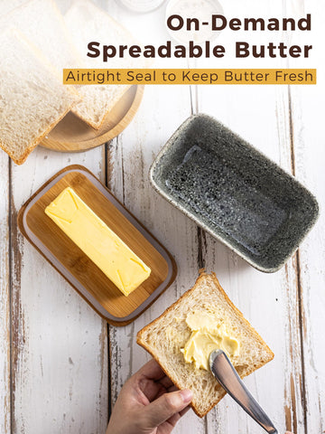 YHOJOY butter dish on countertop keeps butter ready for spreading.