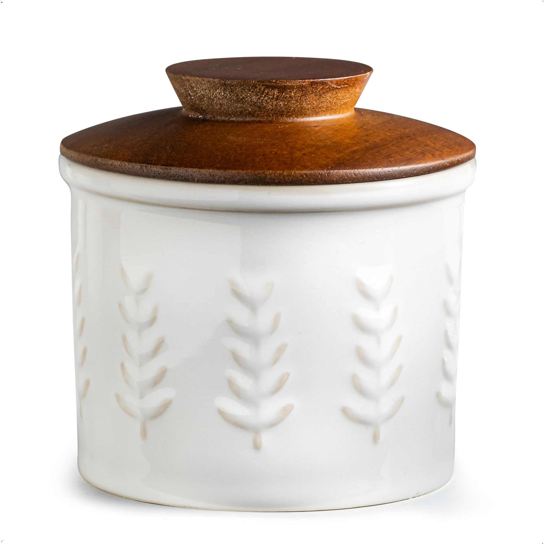 YHOJOY ceramic butter dish with lid on countertop keeps butter fresh and spreadable