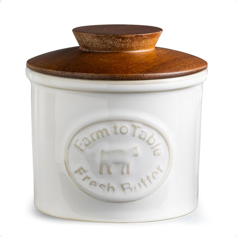 YHOJOY ceramic butter dish on a kitchen counter keeps butter ready to spread.