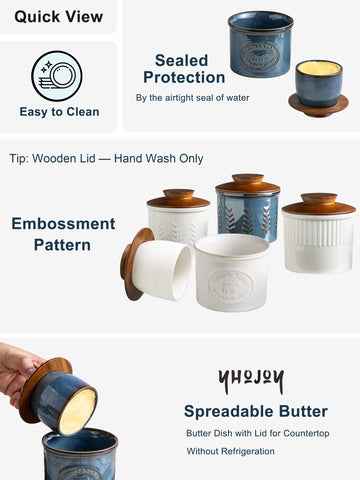 YHOJOY ceramic butter keeper on countertop with blue glaze