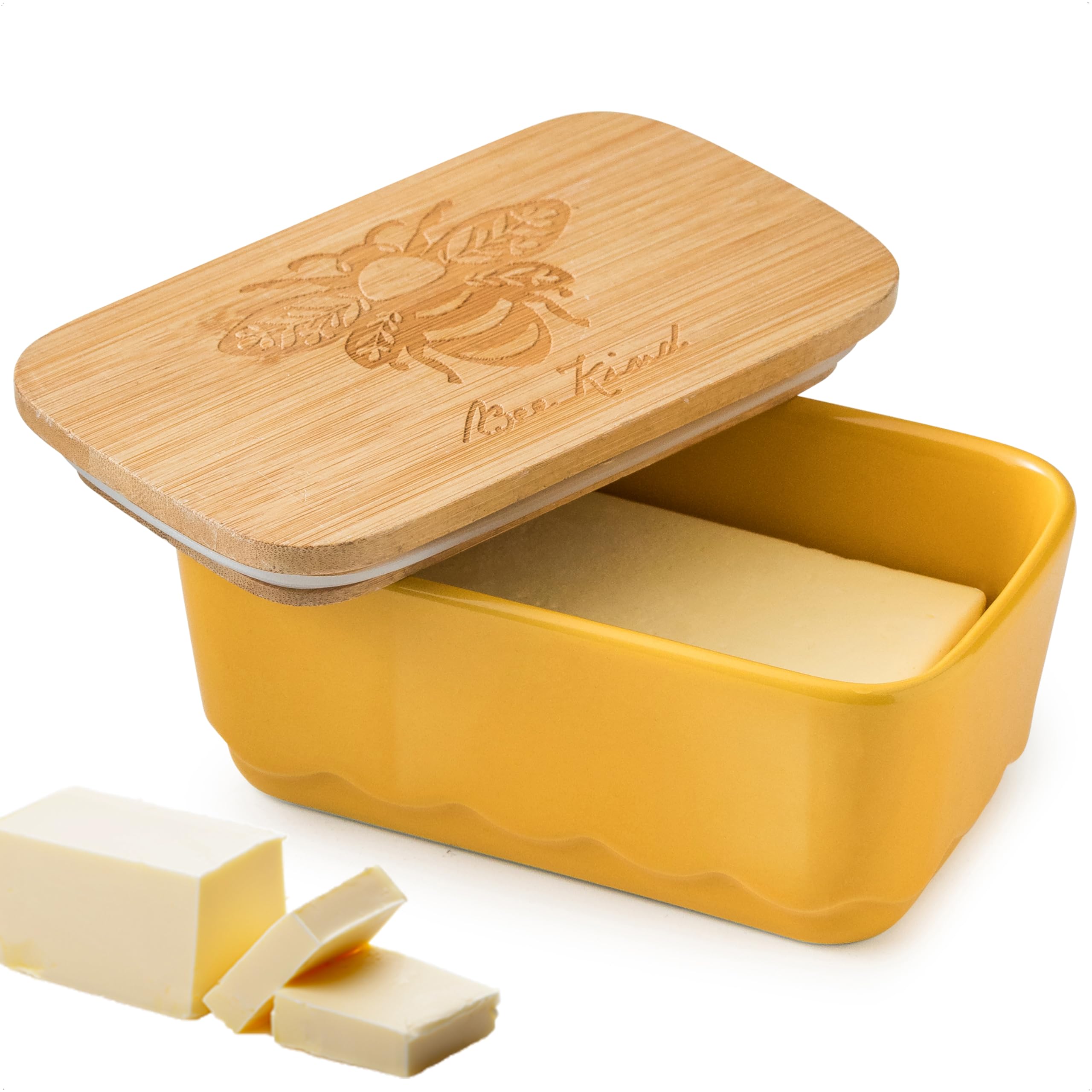 YHOJOY covered butter dish with lid bee-pattern wooden lid adds farmhouse charm.