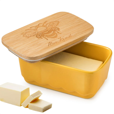 YHOJOY covered butter dish with lid bee-pattern wooden lid adds farmhouse charm.